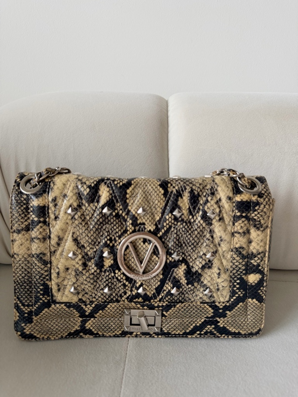 Valentino Yellow and Black Python-Effect Shoulder Bag with V Logo